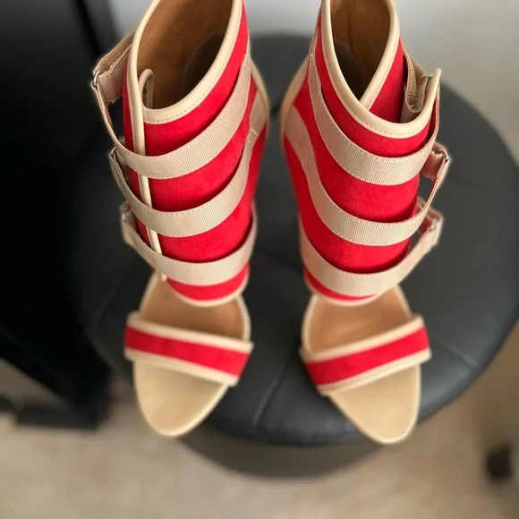 Brand New Women’s Heeled Sandals Red & Beige Size 9 - Picture 5 of 7